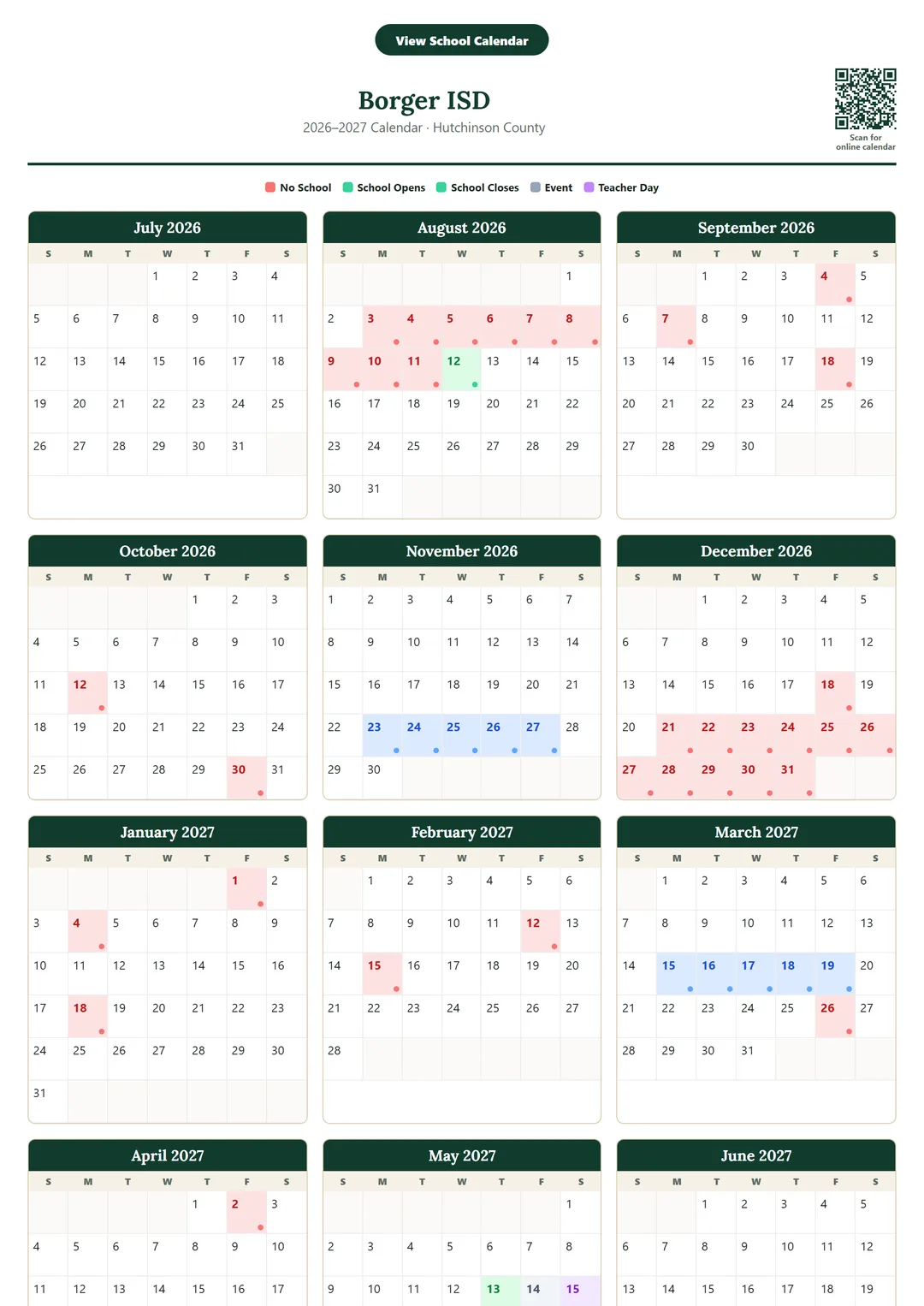 Borger ISD printable 2026–2027 calendar