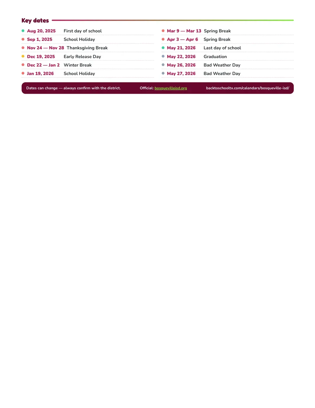 Bosqueville ISD Calendar for the Year 26-27 — key dates