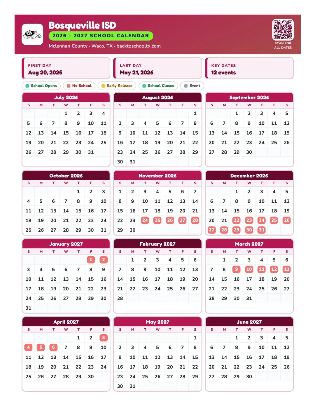 Bosqueville ISD Calendar for the Year 26-27