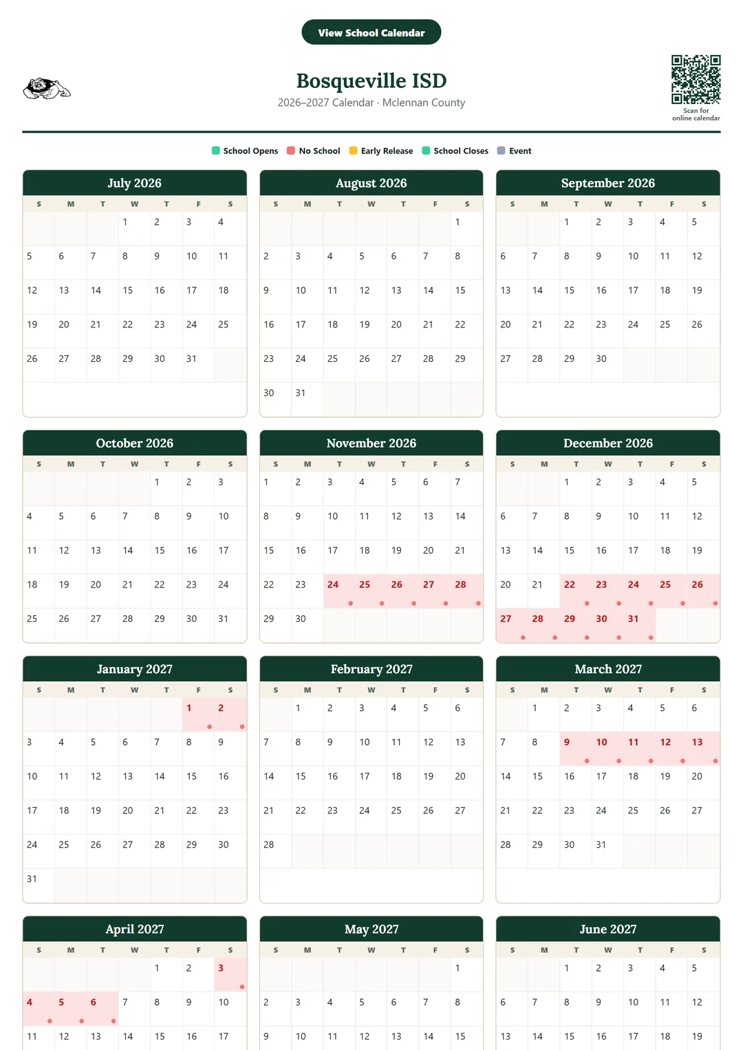 Bosqueville ISD printable 2026–2027 calendar