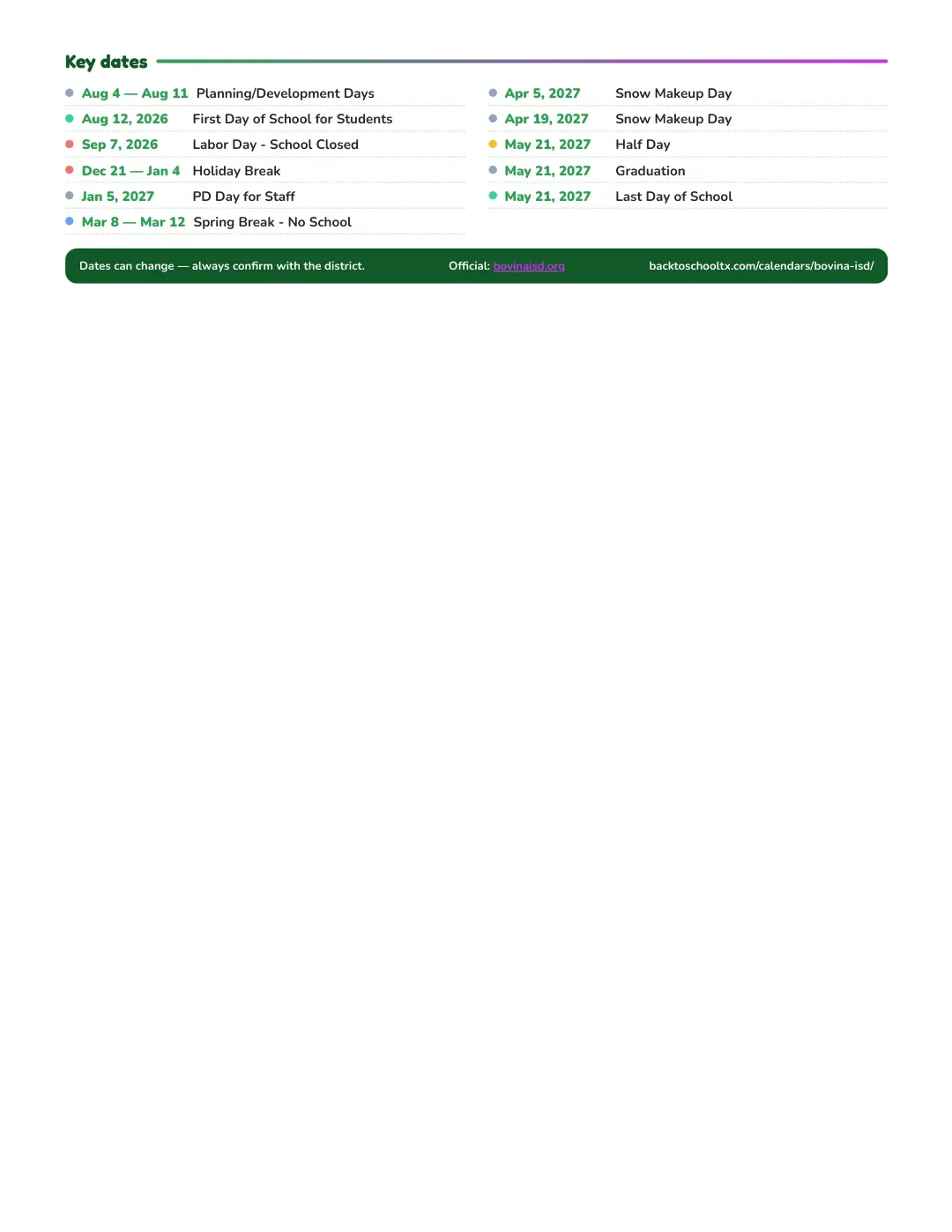 Bovina ISD Calendar for the Year 26-27 — key dates