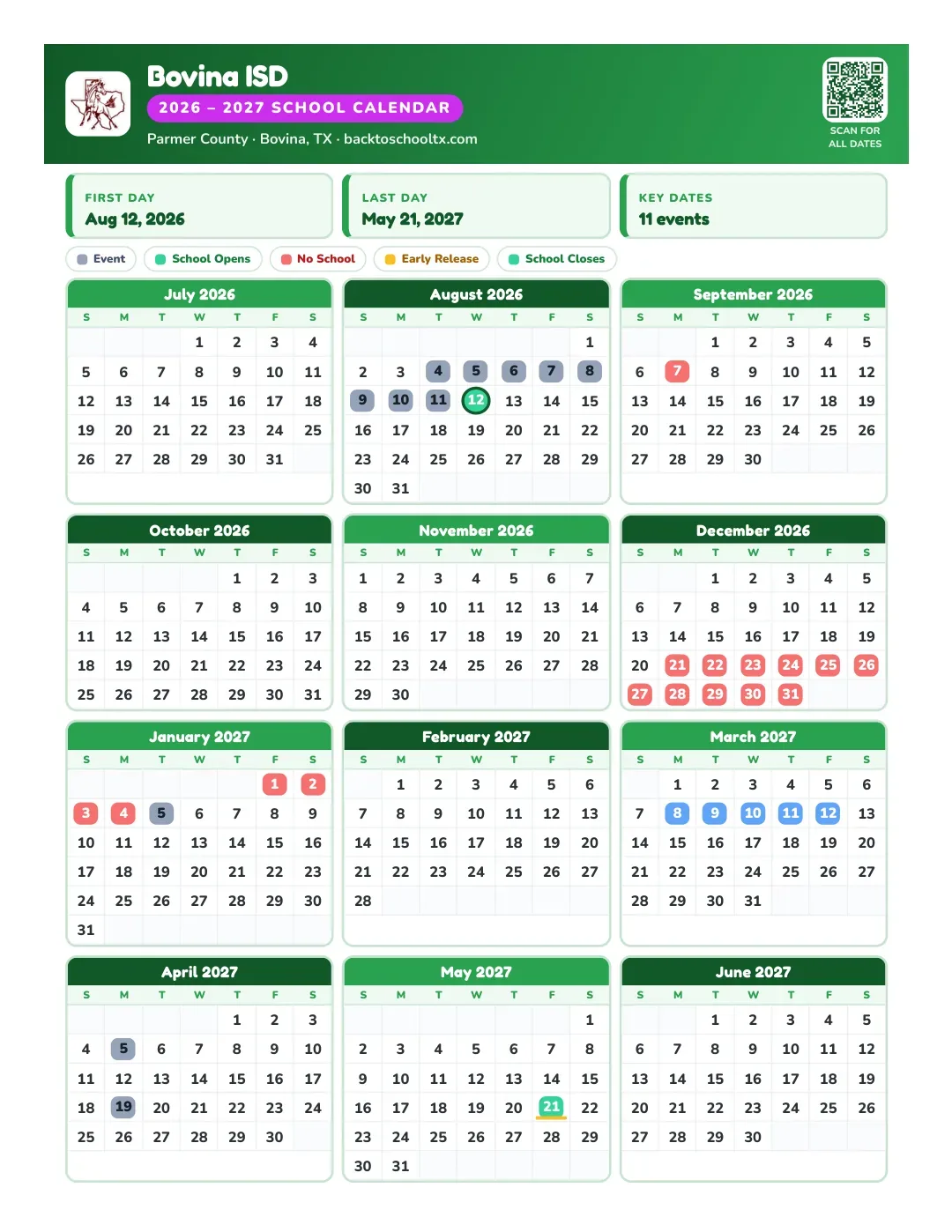Bovina ISD Calendar for the Year 26-27