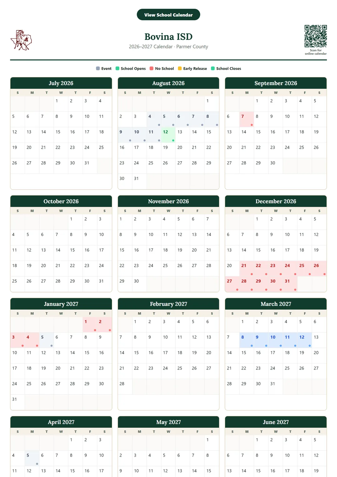 Bovina ISD printable 2026–2027 calendar