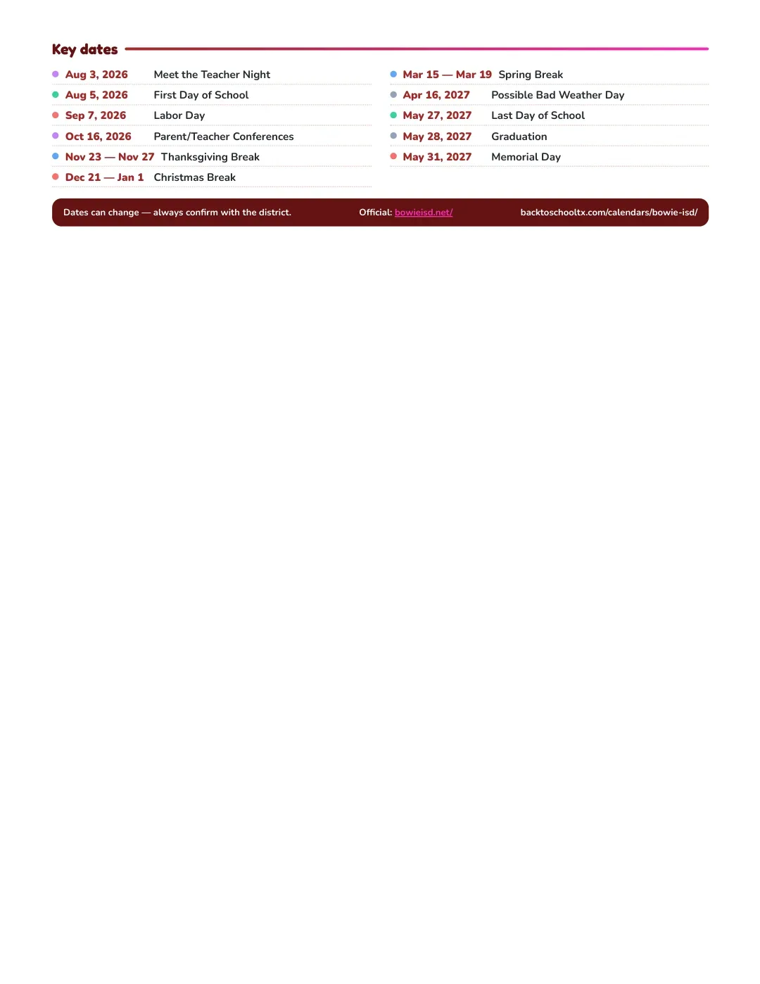 Bowie ISD Calendar for the Year 26-27 — key dates