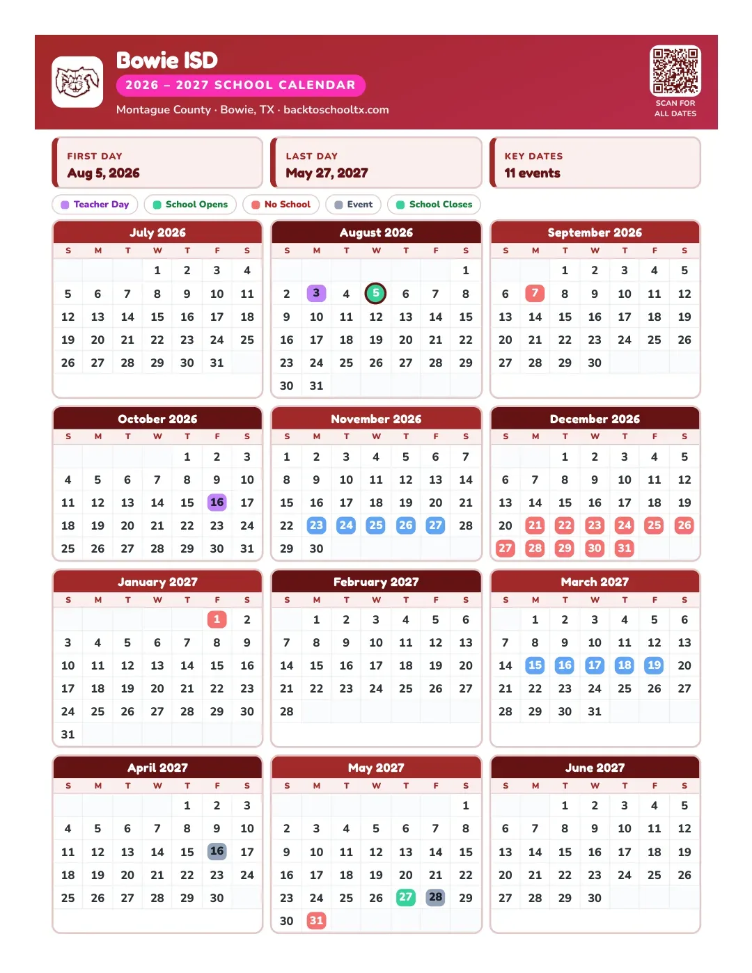 Bowie ISD Calendar for the Year 26-27