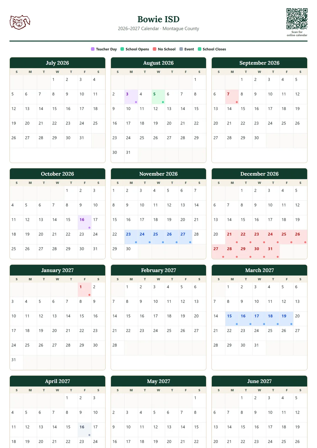 Bowie ISD printable 2026–2027 calendar