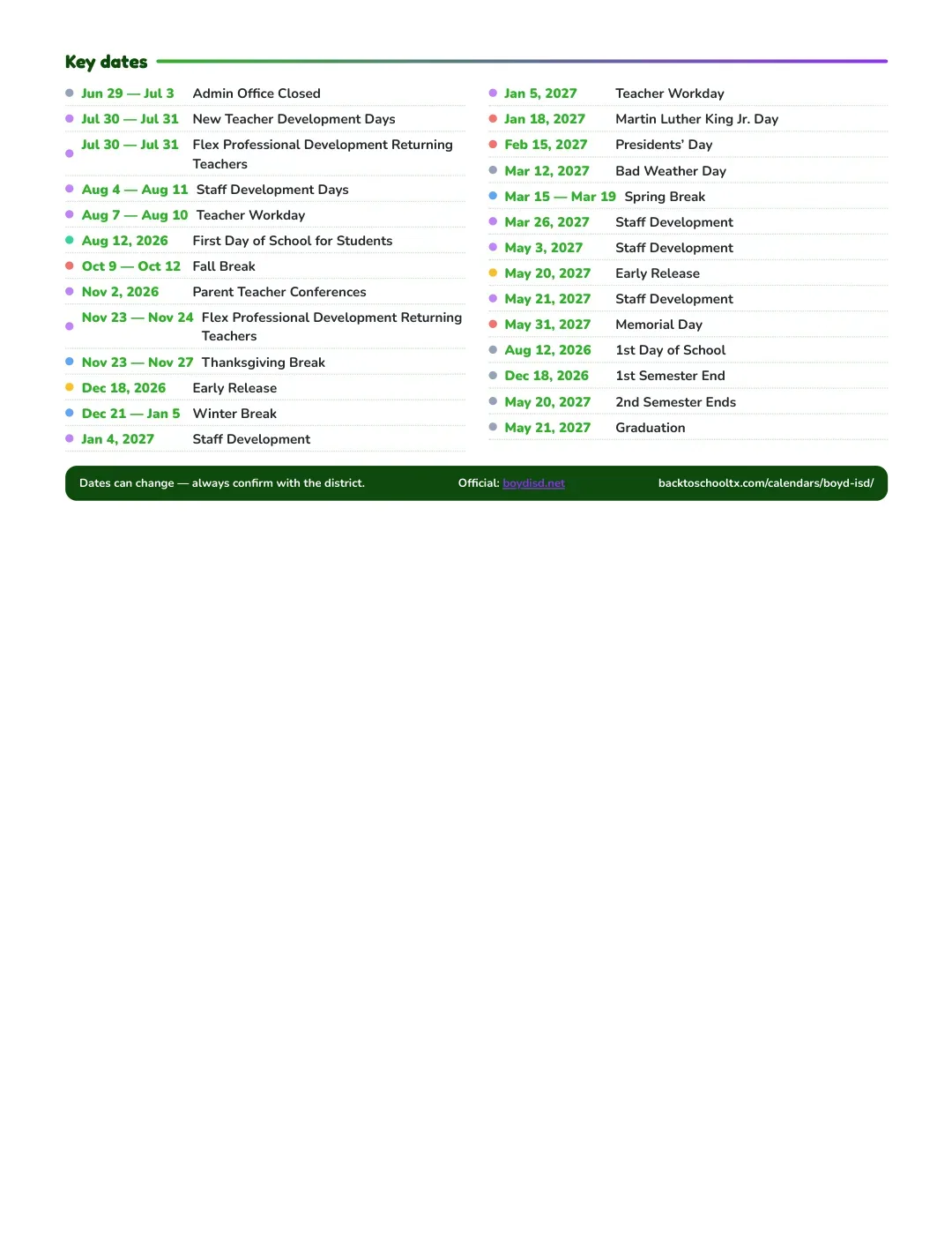 Boyd ISD Calendar for the Year 26-27 — key dates
