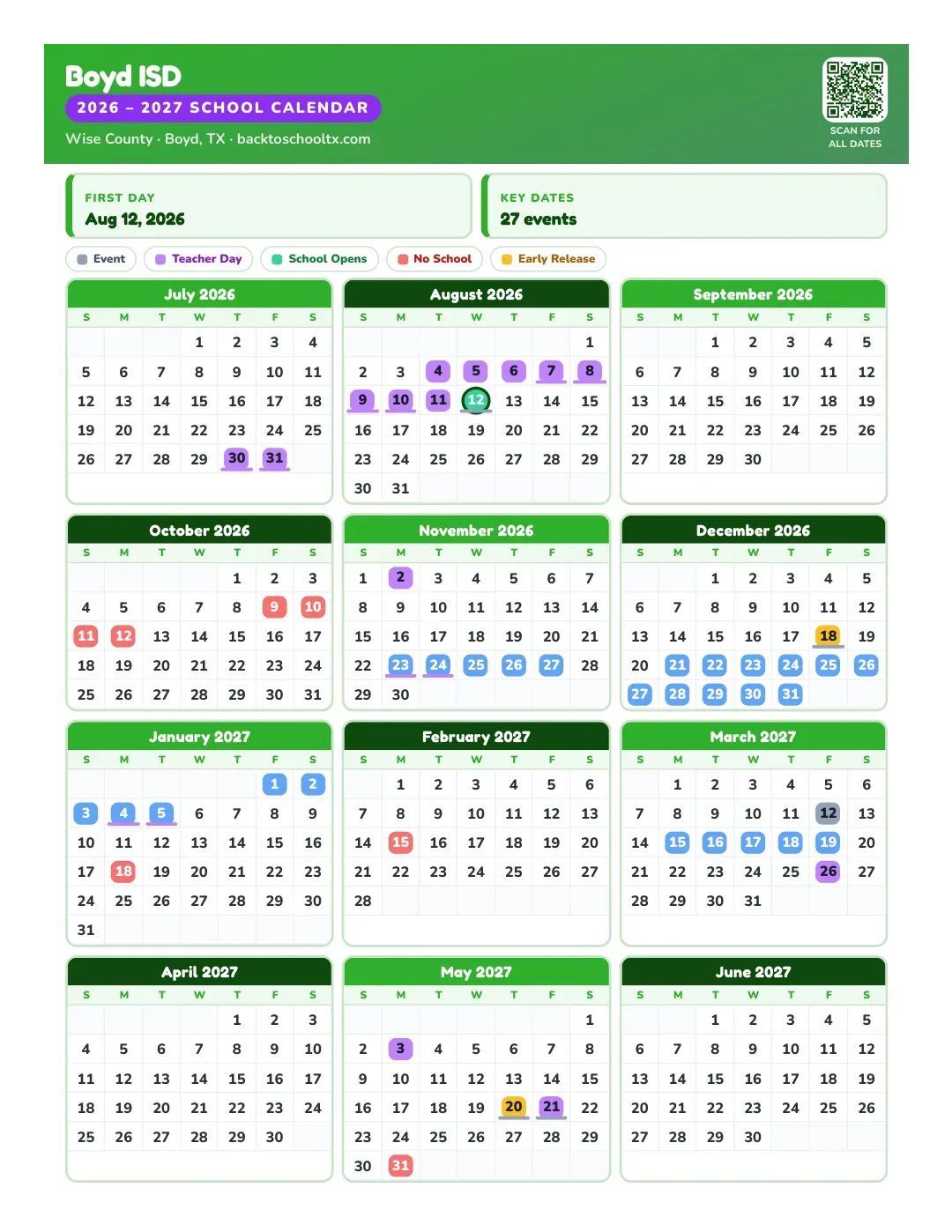 Boyd ISD Calendar for the Year 26-27