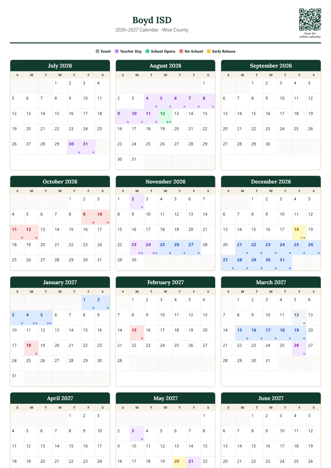 Boyd ISD printable 2026–2027 calendar