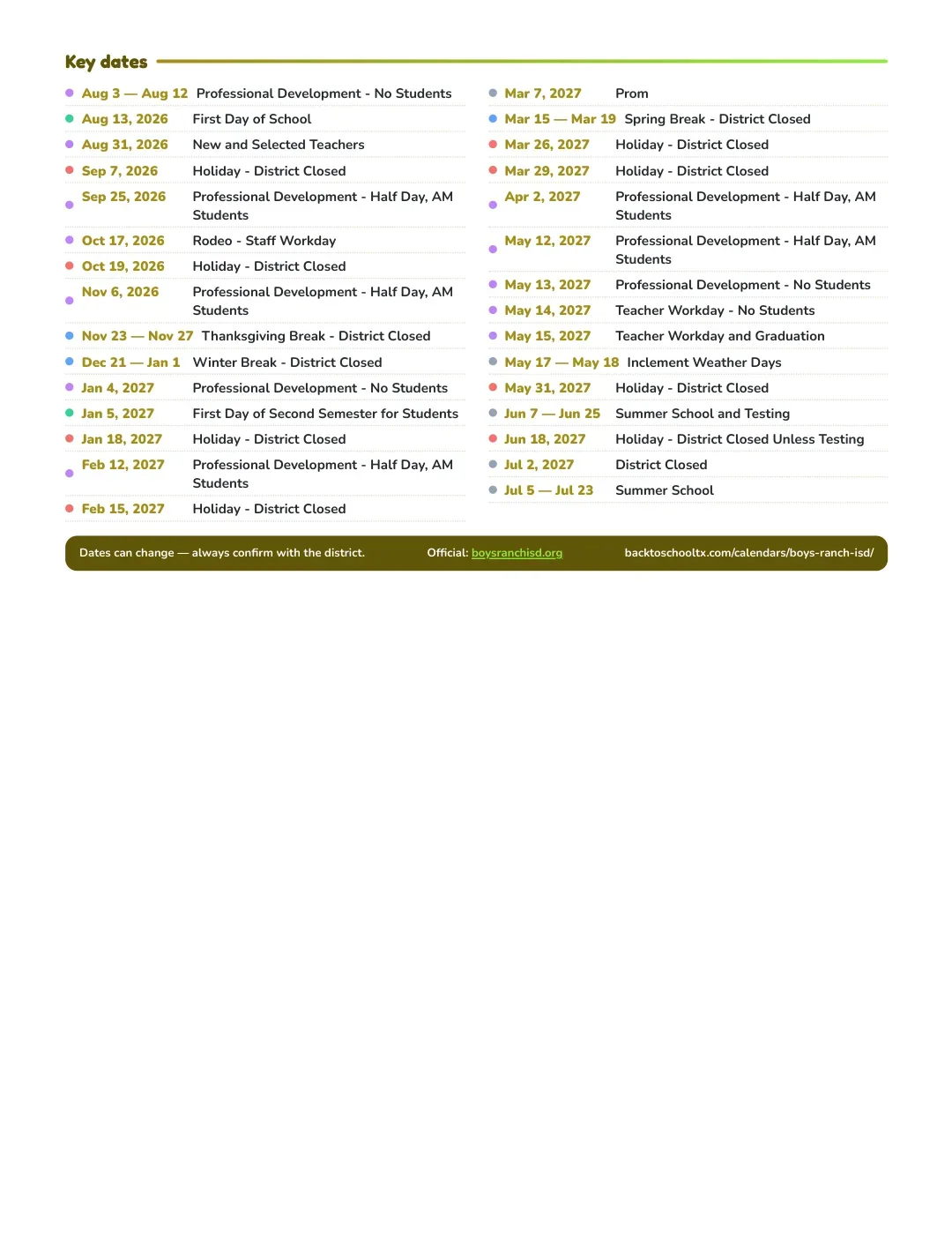 Boys Ranch ISD Calendar for the Year 26-27 — key dates