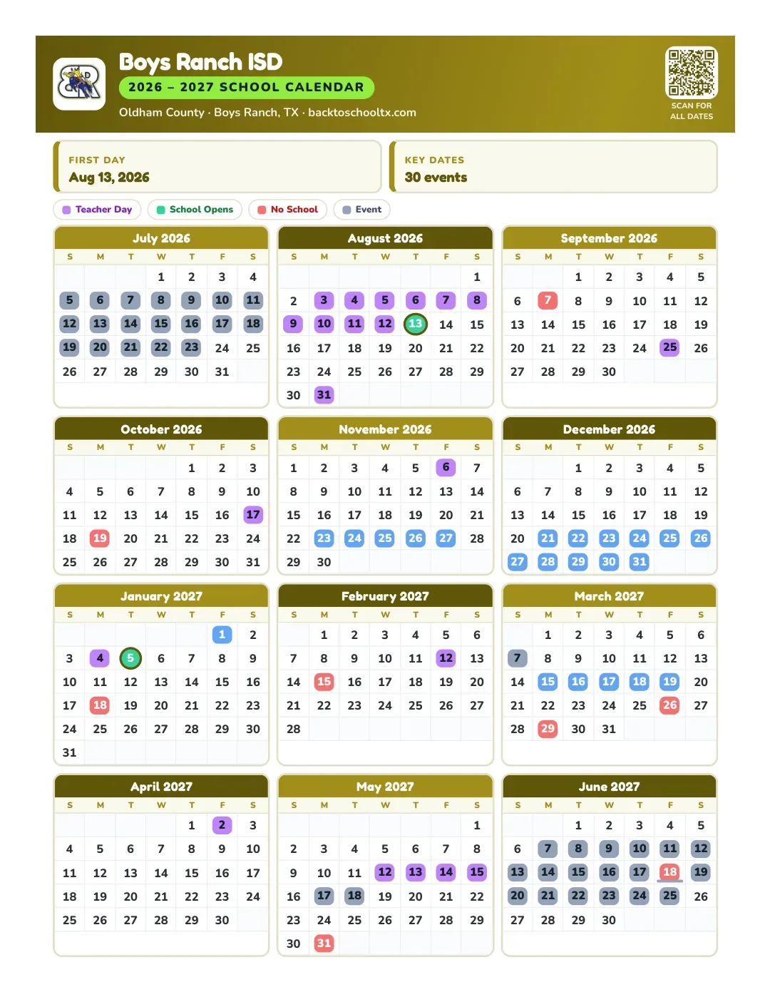 Boys Ranch ISD Calendar for the Year 26-27