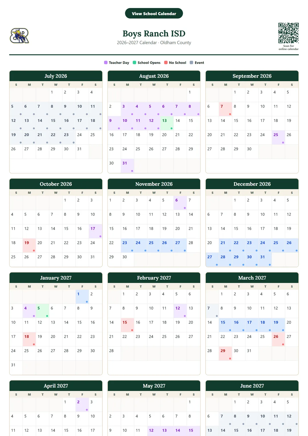 Boys Ranch ISD printable 2026–2027 calendar