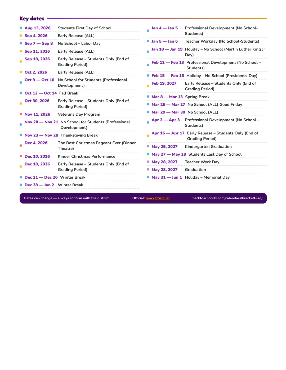 Brackett ISD Calendar for the Year 26-27 — key dates