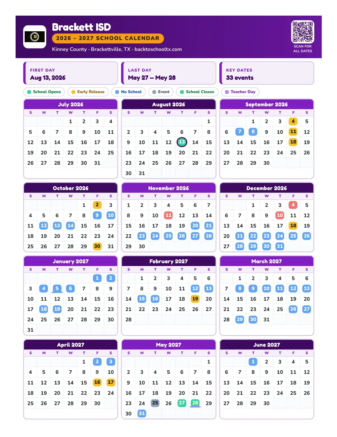 Brackett ISD Calendar for the Year 26-27