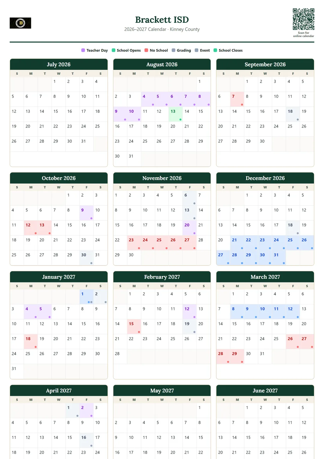 Brackett ISD printable 2026–2027 calendar