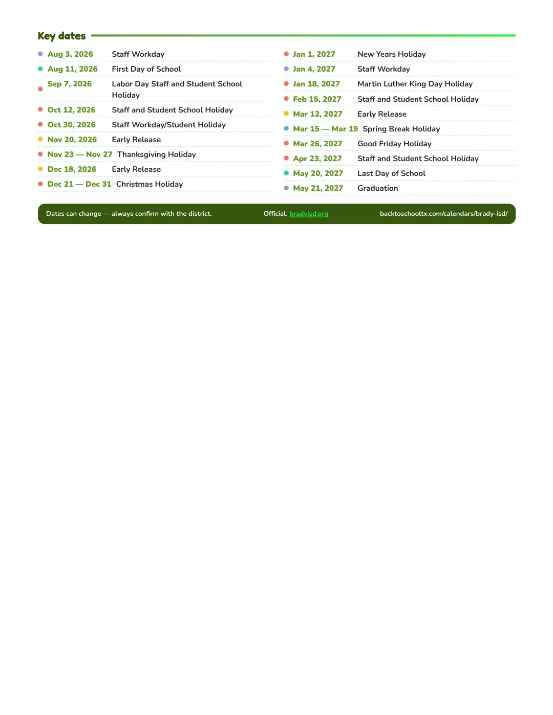 Brady ISD Calendar for the Year 26-27 — key dates