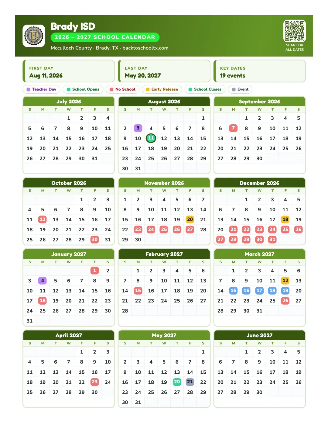 Brady ISD Calendar for the Year 26-27