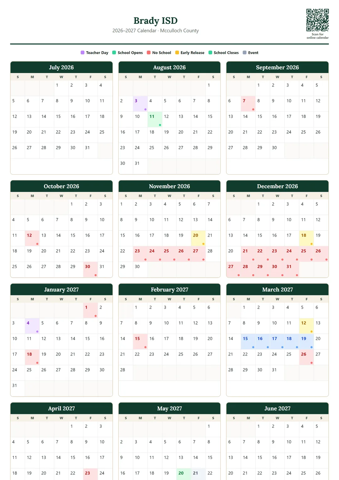 Brady ISD printable 2026–2027 calendar