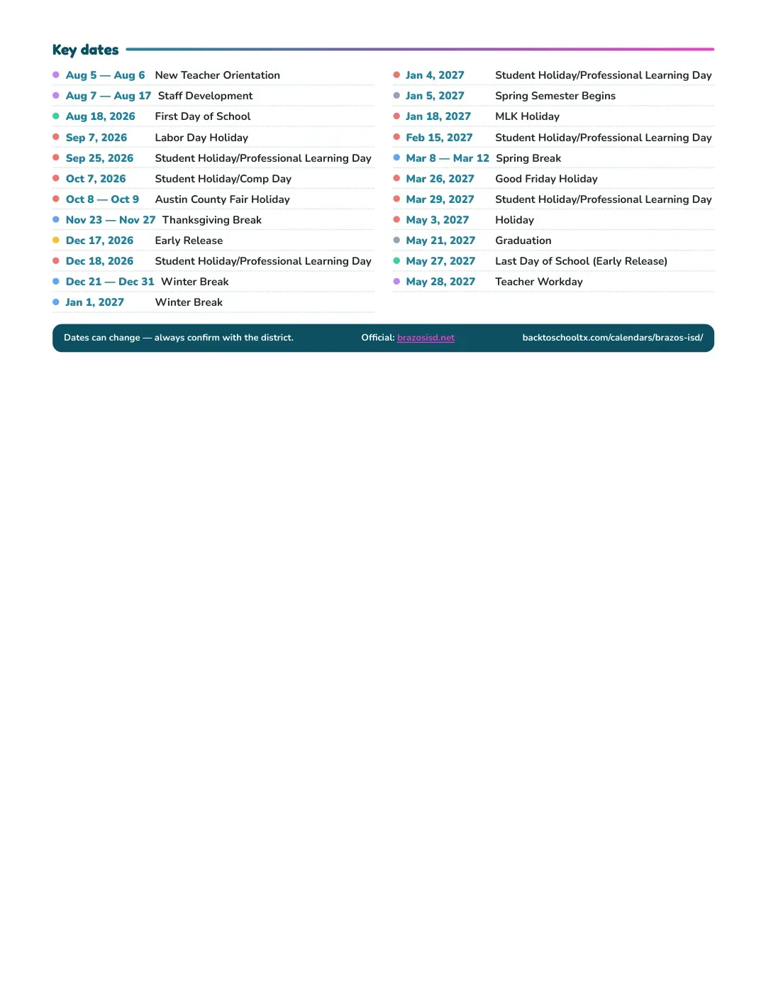 Brazos ISD Calendar for the Year 26-27 — key dates