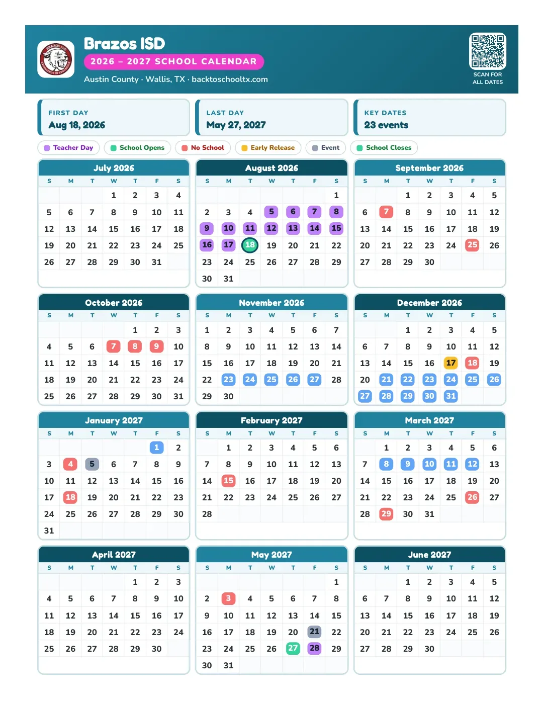 Brazos ISD Calendar for the Year 26-27