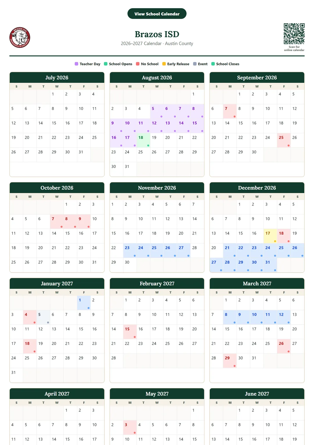 Brazos ISD printable 2026–2027 calendar
