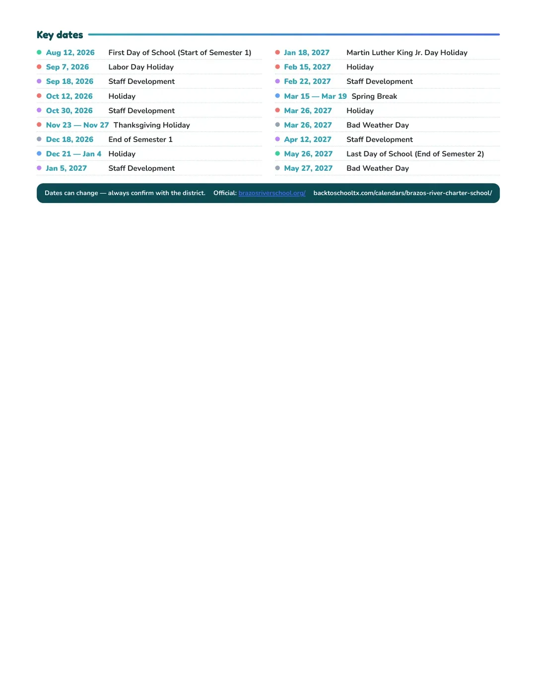 Brazos River Charter School Calendar for the Year 26-27 — key dates