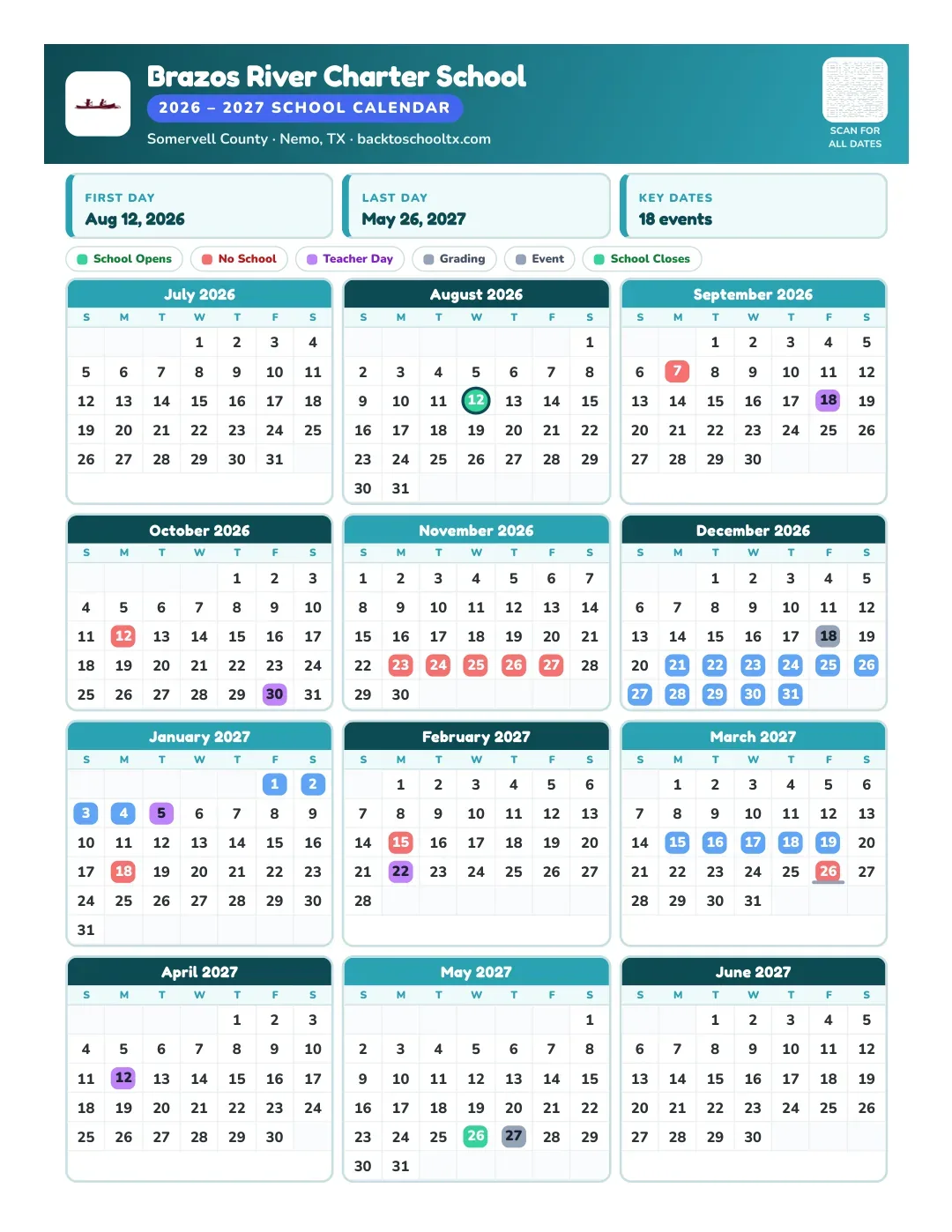 Brazos River Charter School Calendar for the Year 26-27