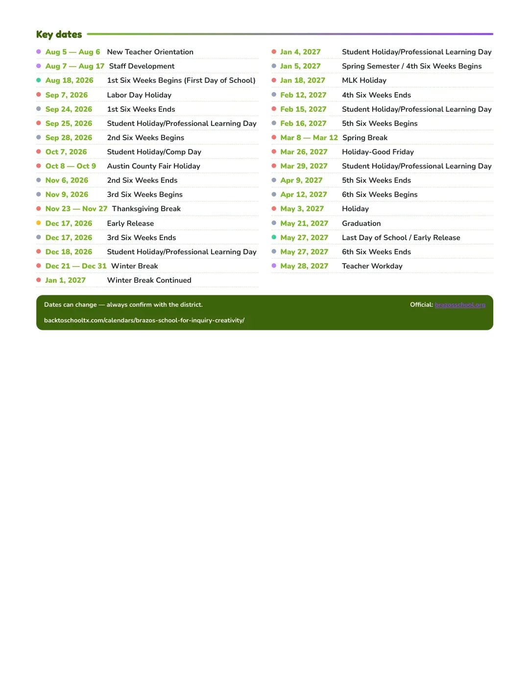 Brazos School For Inquiry & Creativity Calendar for the Year 26-27 — key dates