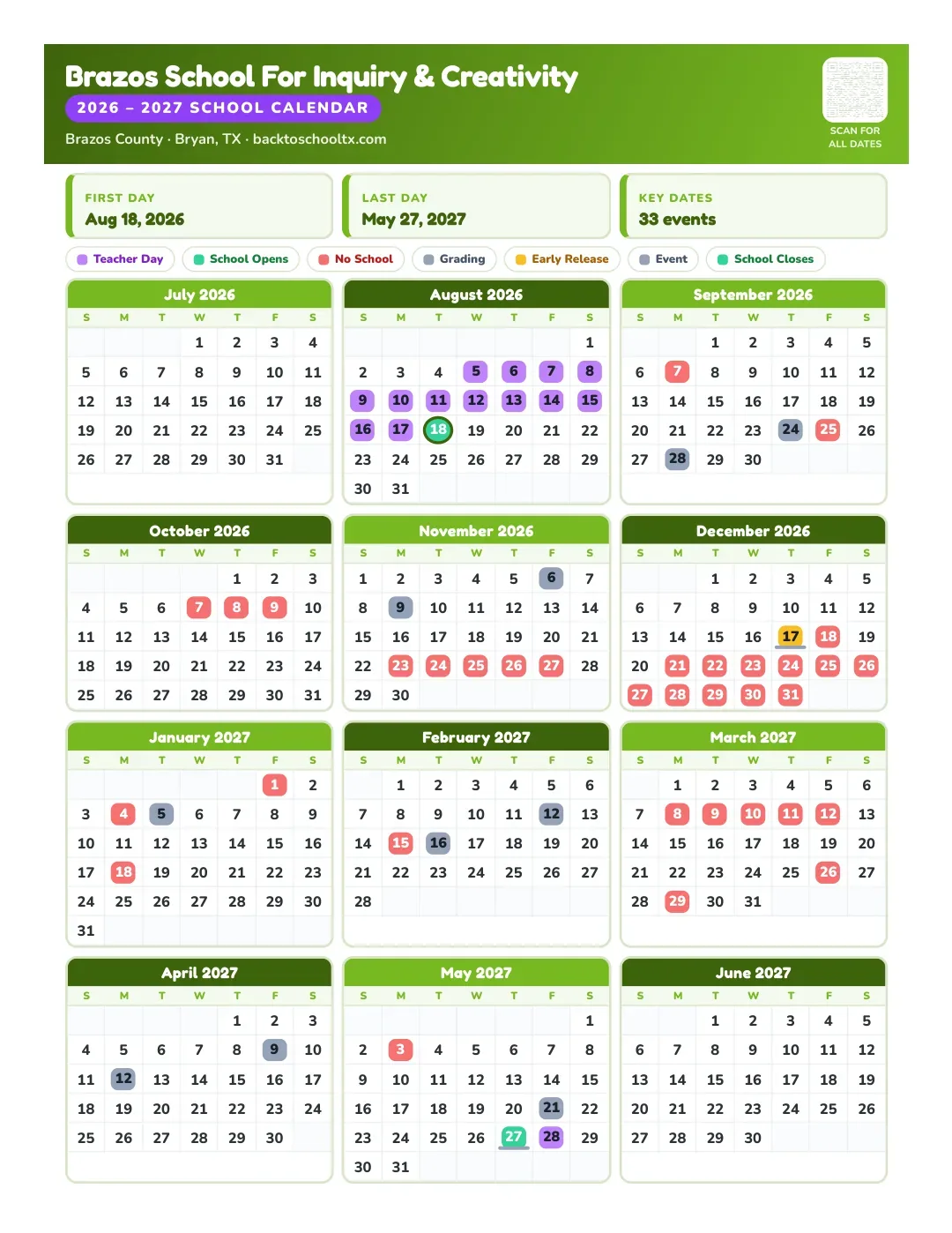 Brazos School For Inquiry & Creativity Calendar for the Year 26-27