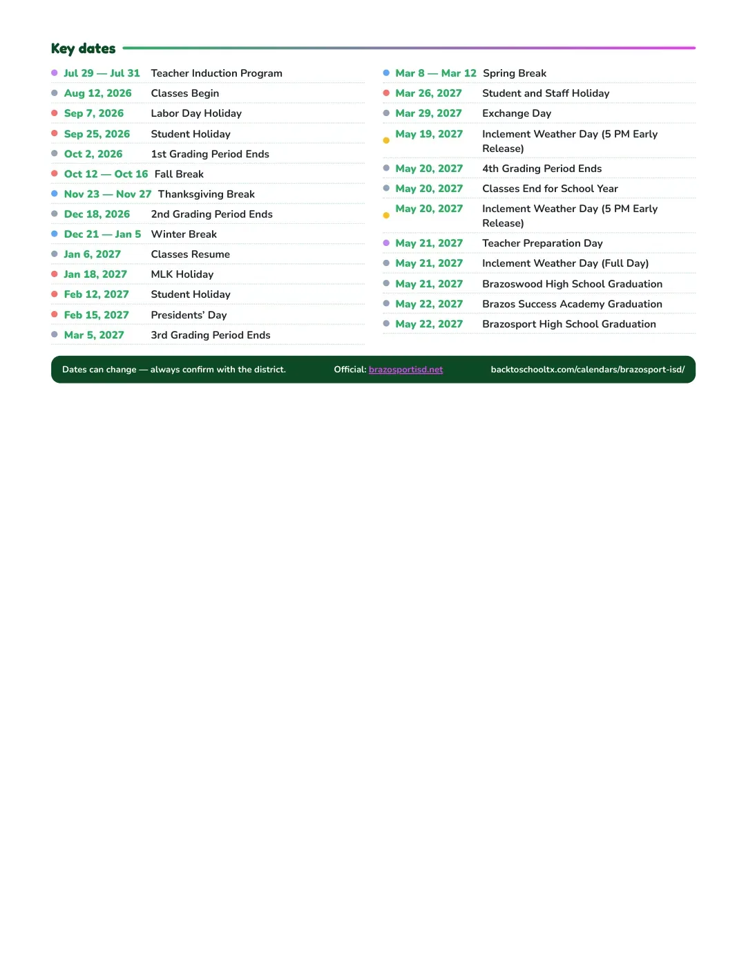 Brazosport ISD Calendar for the Year 26-27 — key dates