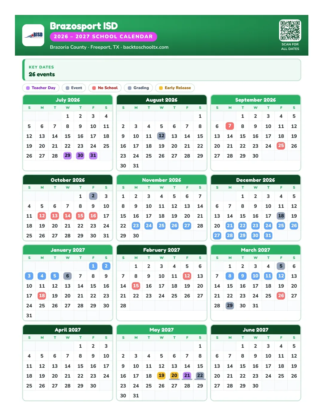 Brazosport ISD Calendar for the Year 26-27