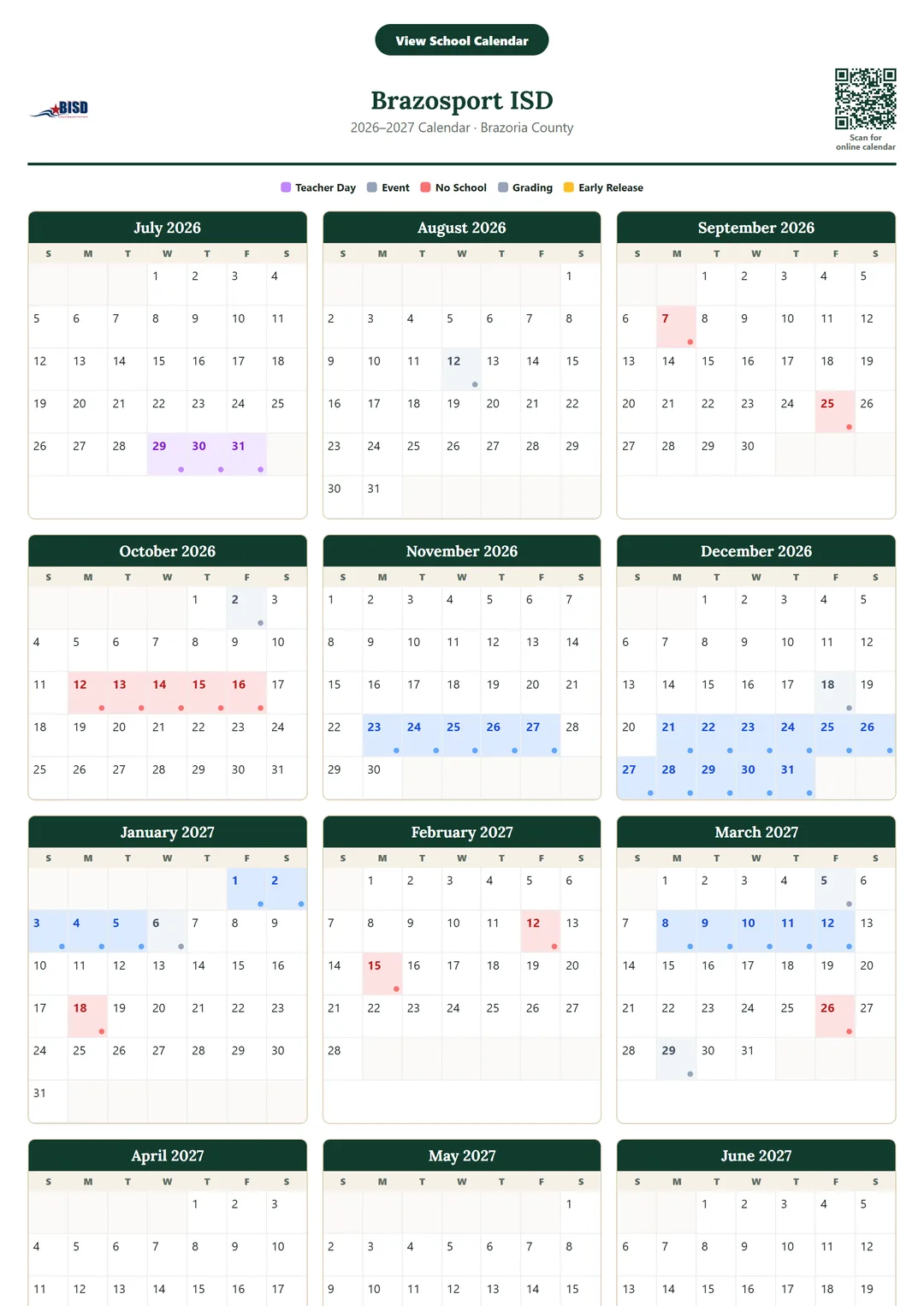 Brazosport ISD printable 2026–2027 calendar