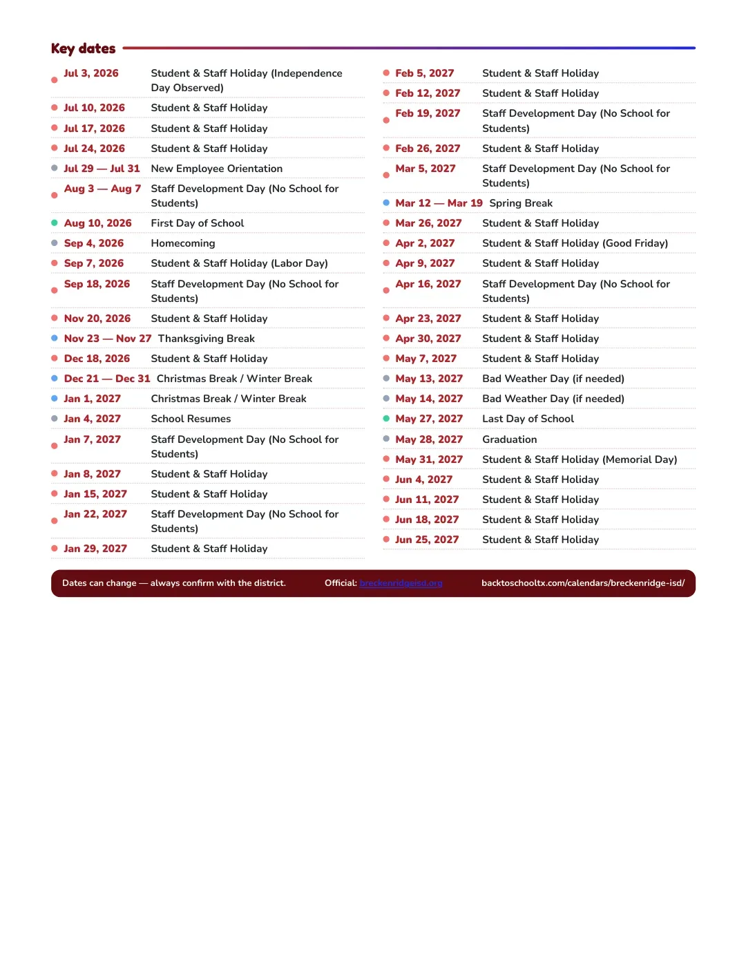 Breckenridge ISD Calendar for the Year 26-27 — key dates