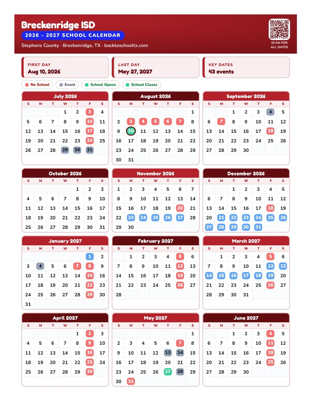 Breckenridge ISD Calendar for the Year 26-27