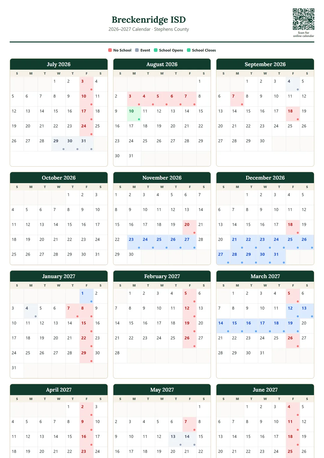 Breckenridge ISD printable 2026–2027 calendar