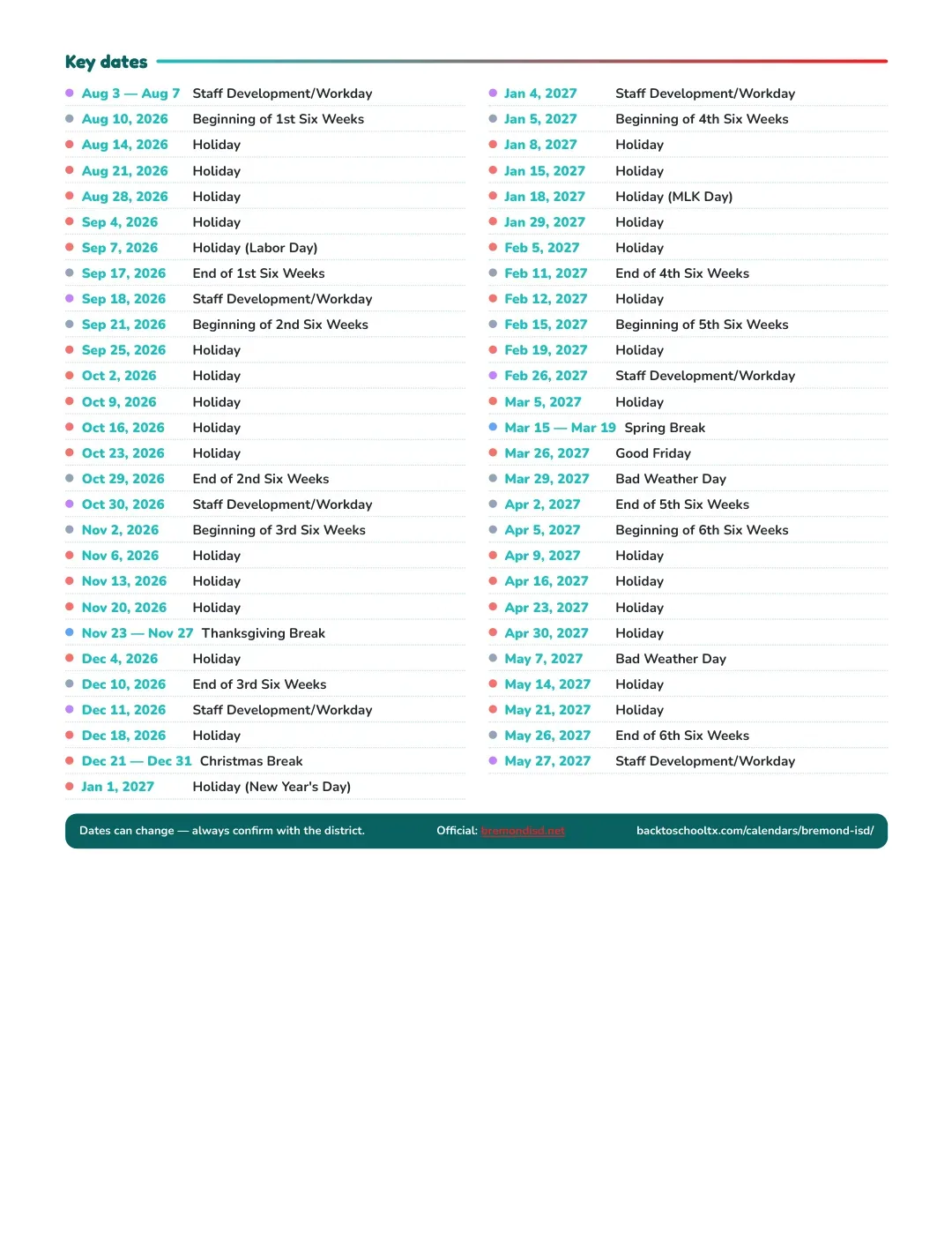 Bremond ISD Calendar for the Year 26-27 — key dates