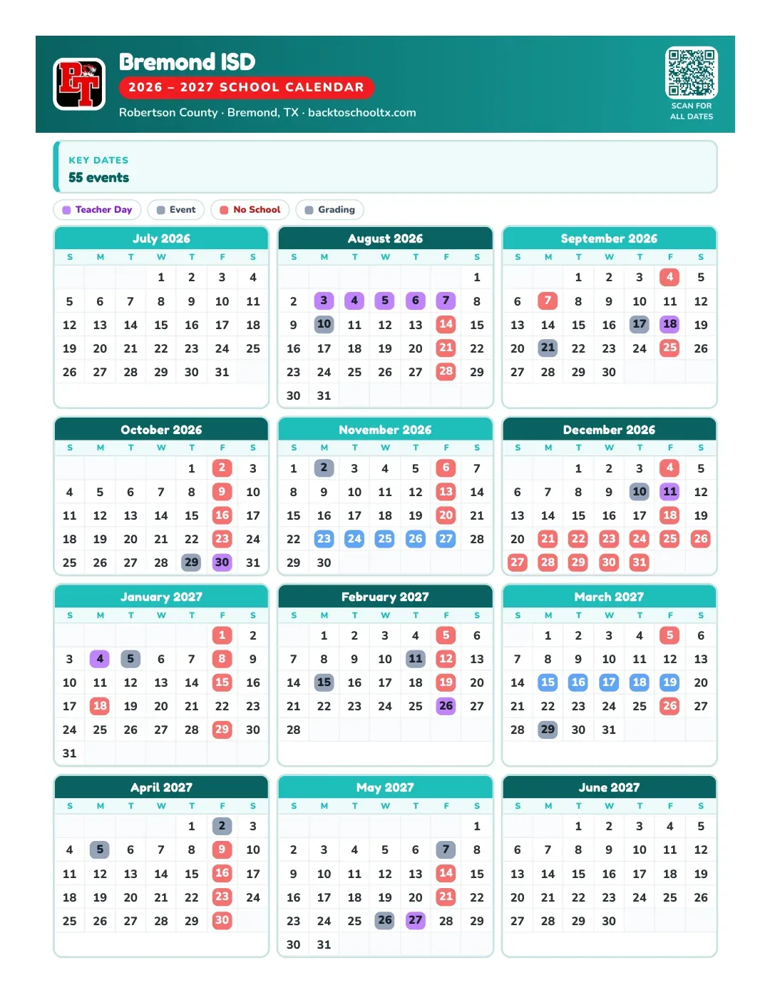 Bremond ISD Calendar for the Year 26-27