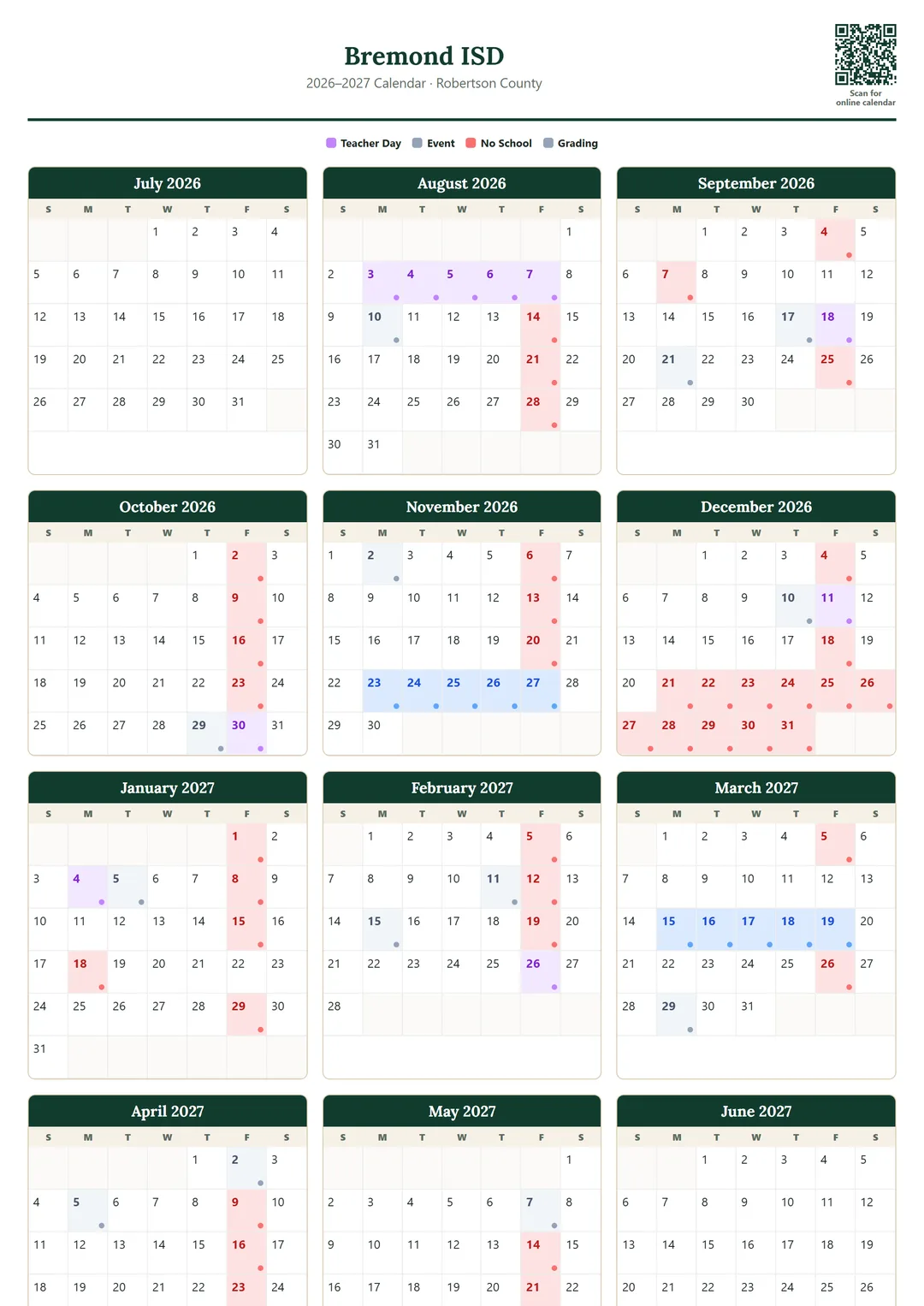 Bremond ISD printable 2026–2027 calendar