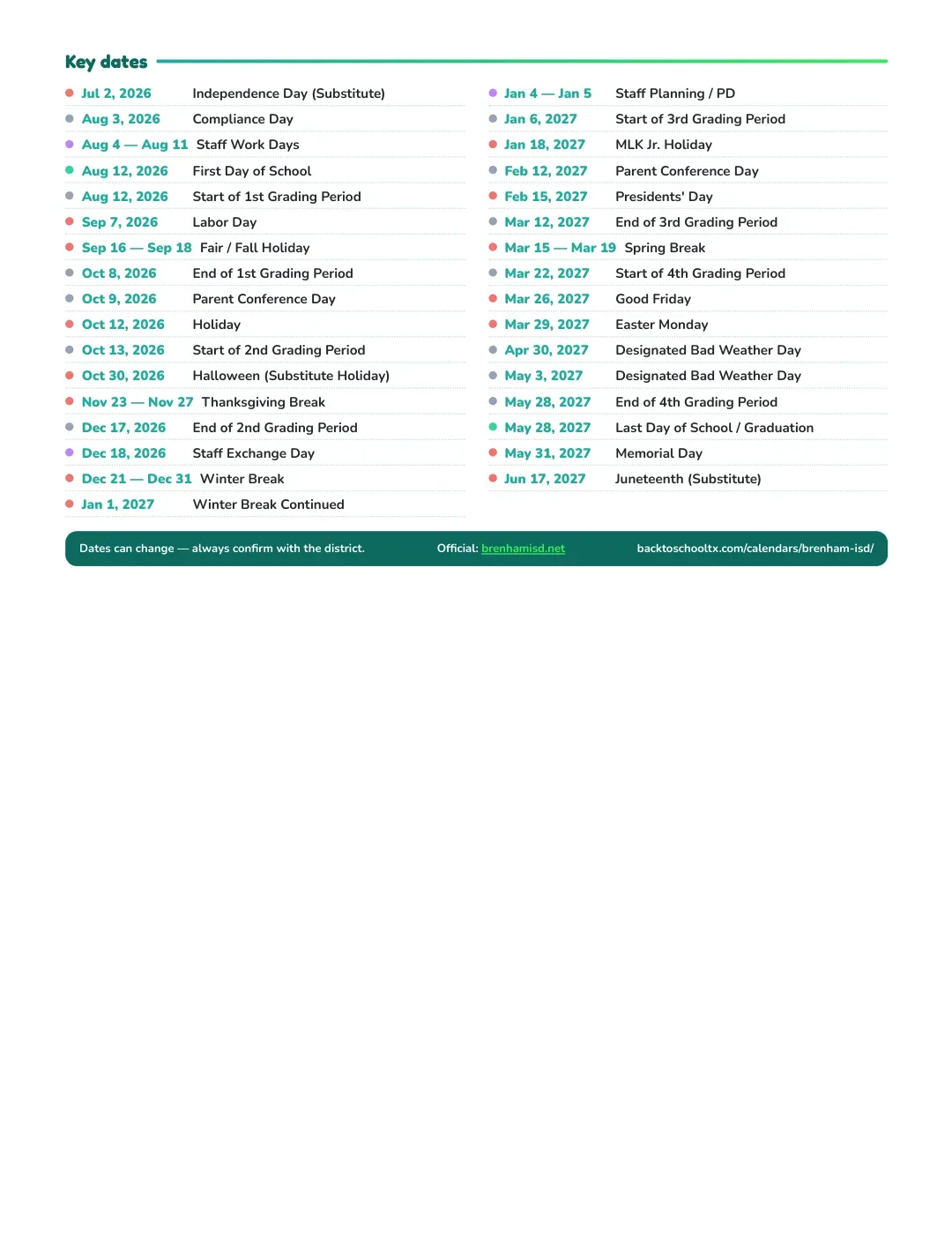 Brenham ISD Calendar for the Year 26-27 — key dates