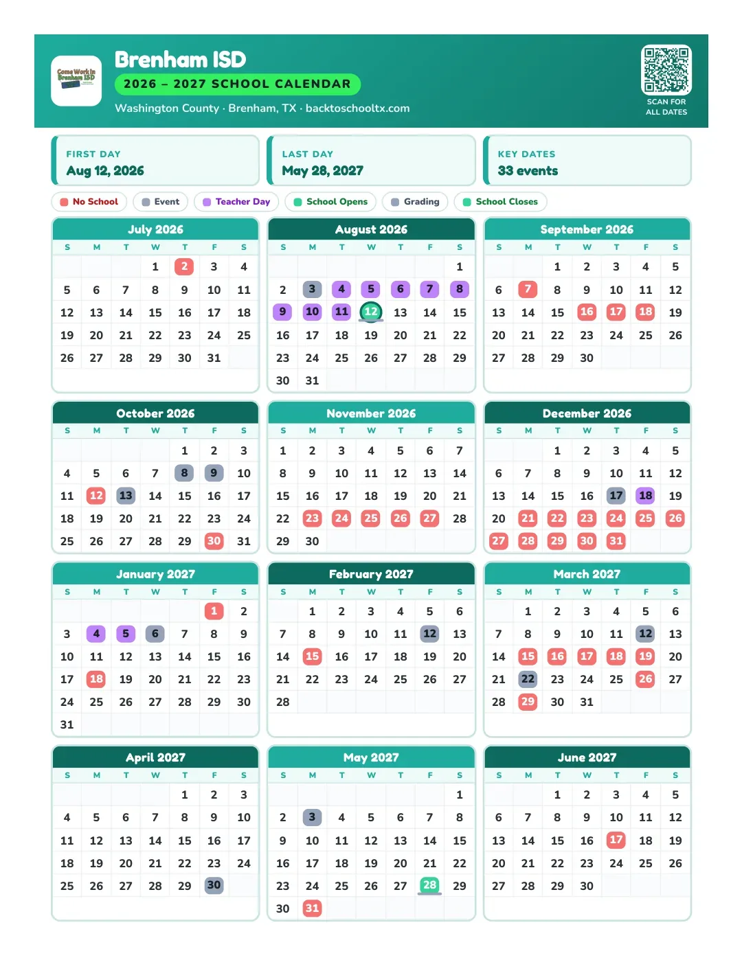 Brenham ISD Calendar for the Year 26-27