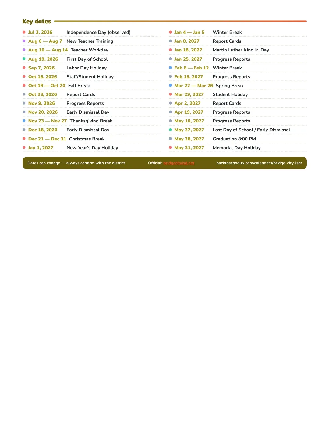 Bridge City ISD Calendar for the Year 26-27 — key dates