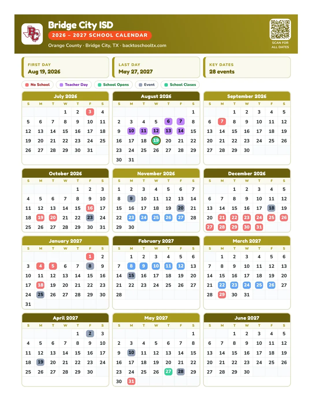 Bridge City ISD Calendar for the Year 26-27