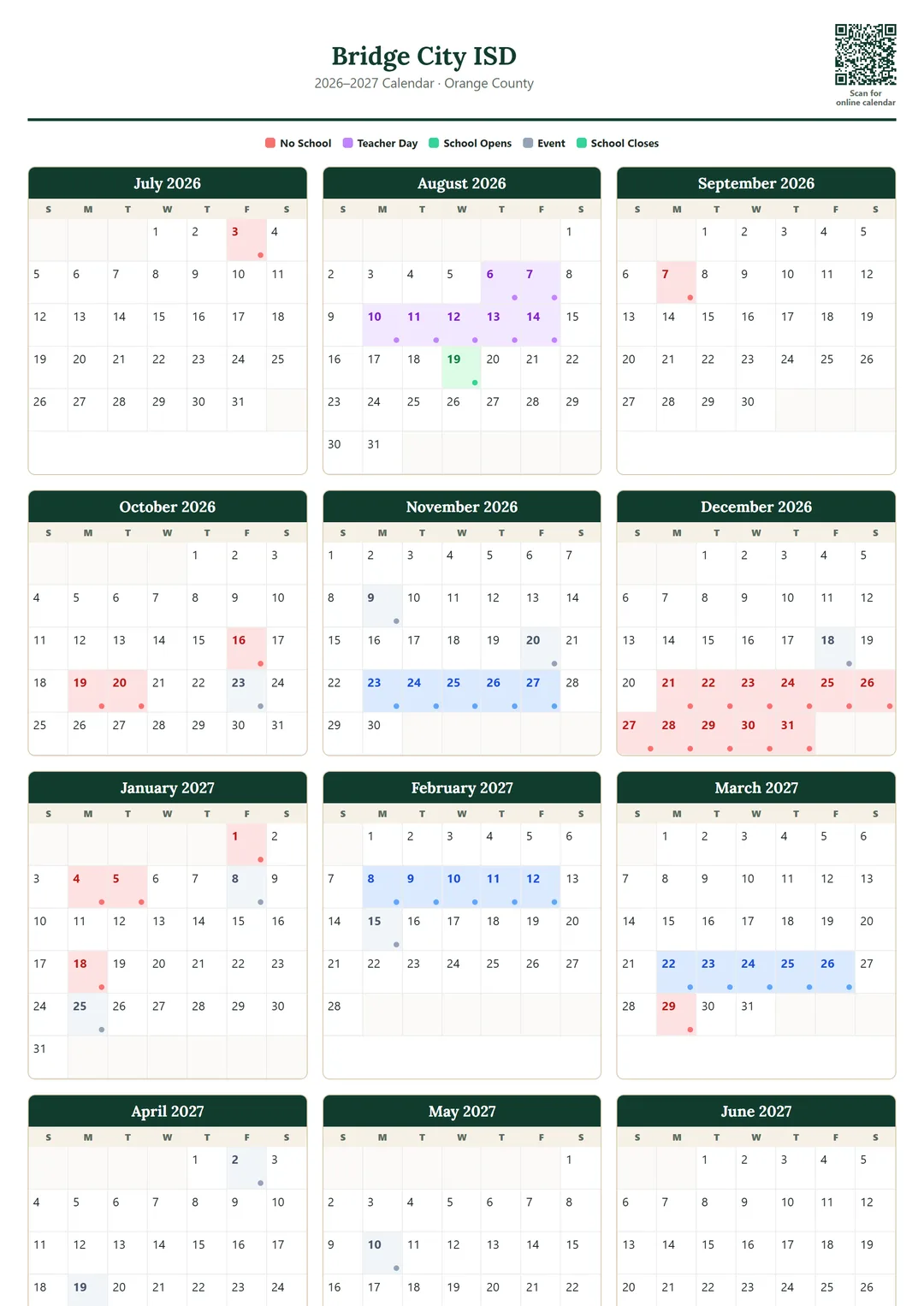 Bridge City ISD printable 2026–2027 calendar