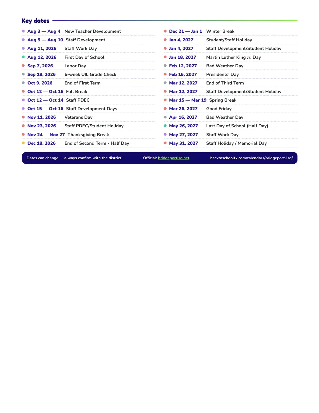Bridgeport ISD Calendar for the Year 26-27 — key dates