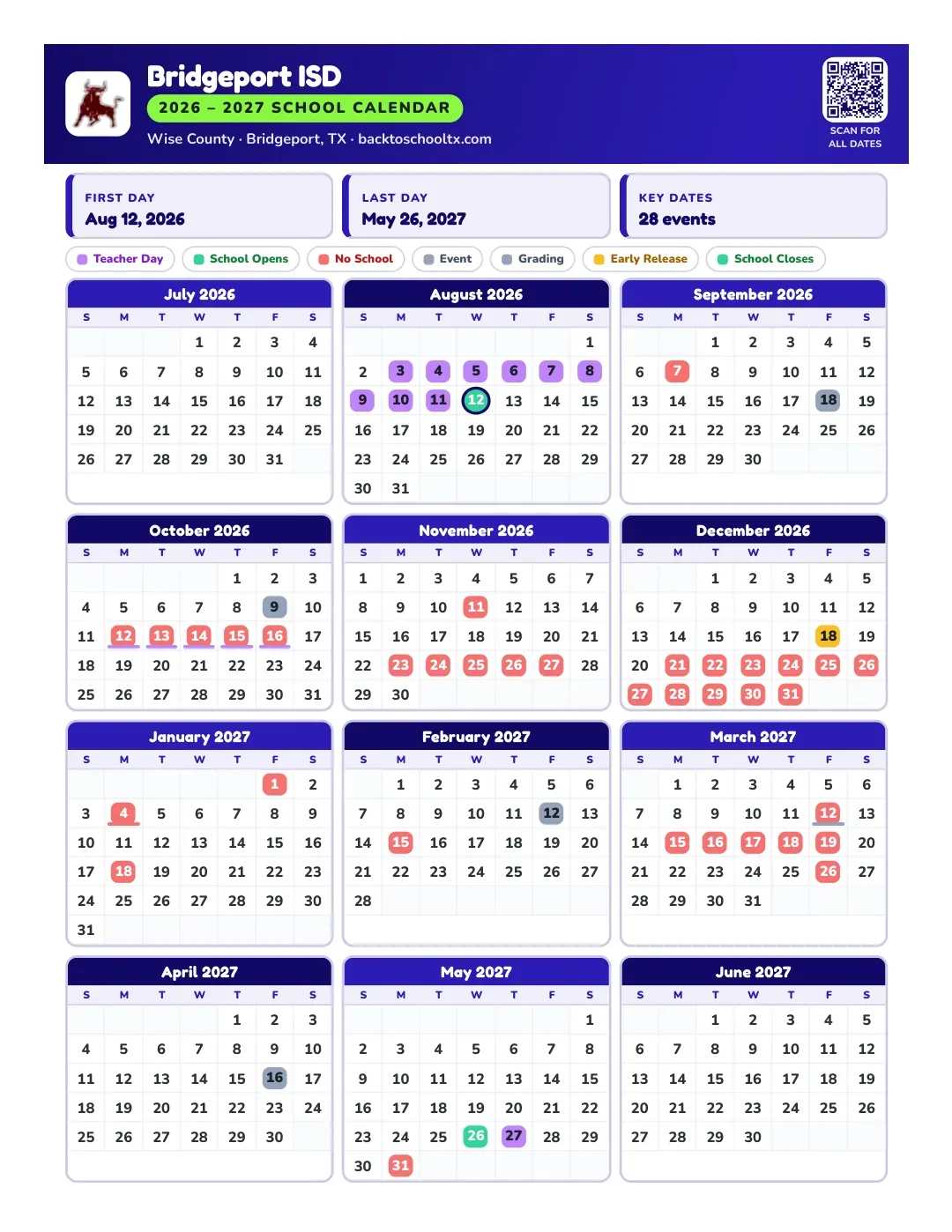 Bridgeport ISD Calendar for the Year 26-27