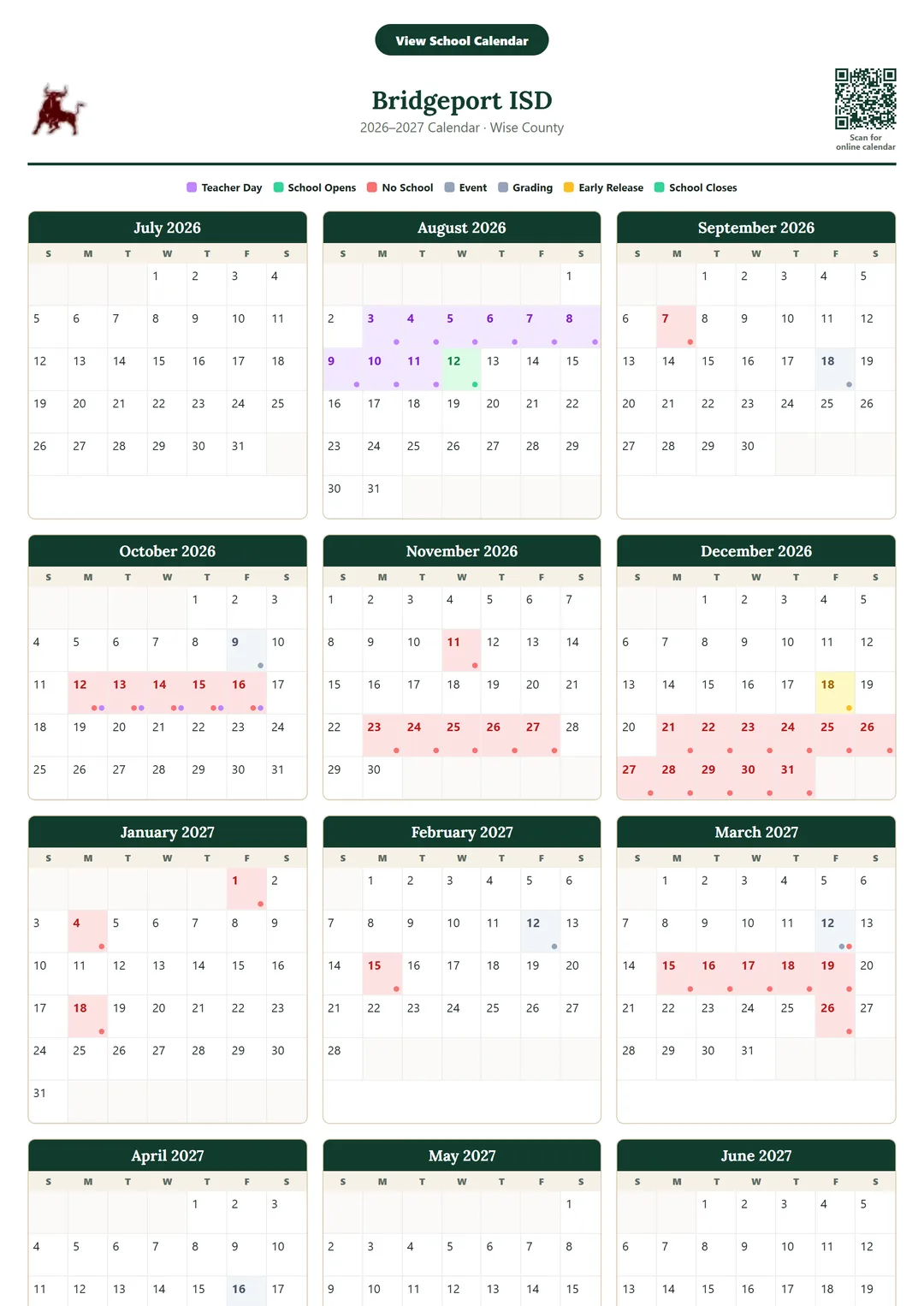 Bridgeport ISD printable 2026–2027 calendar