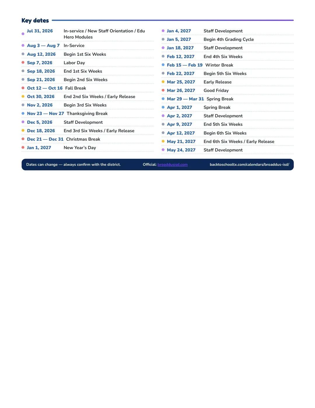 Broaddus ISD Calendar for the Year 26-27 — key dates