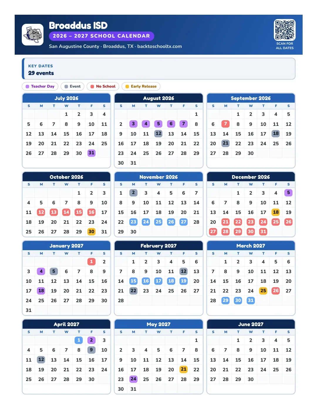 Broaddus ISD Calendar for the Year 26-27
