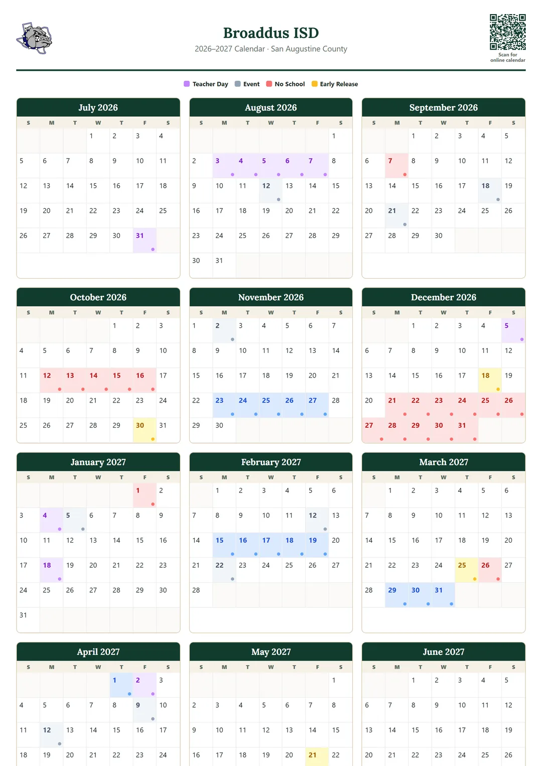 Broaddus ISD printable 2026–2027 calendar
