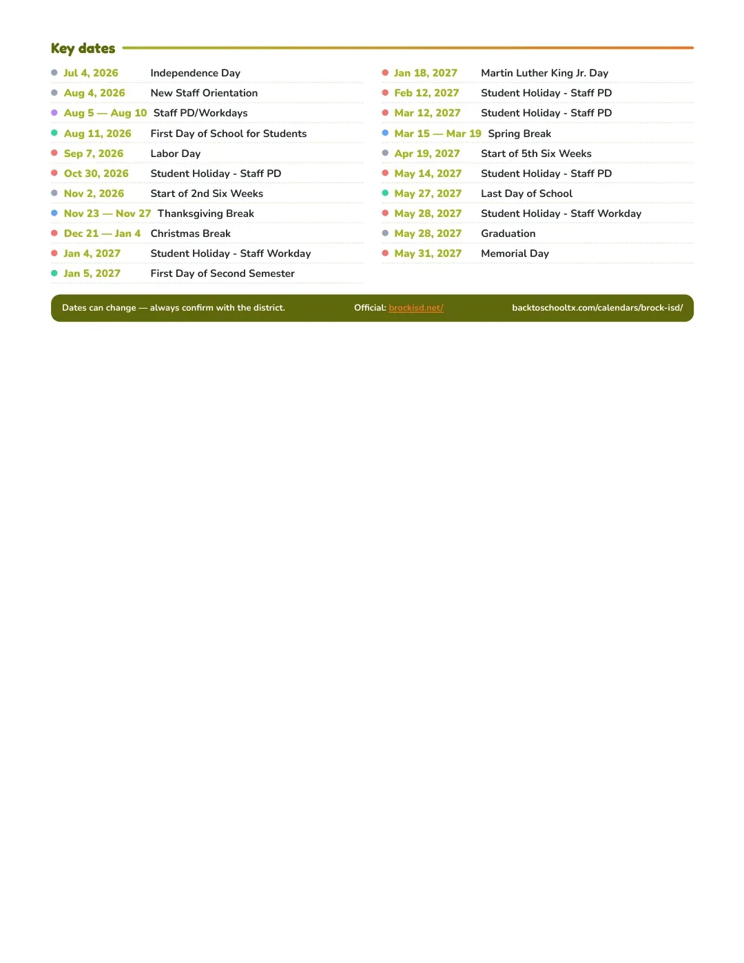 Brock ISD Calendar for the Year 26-27 — key dates